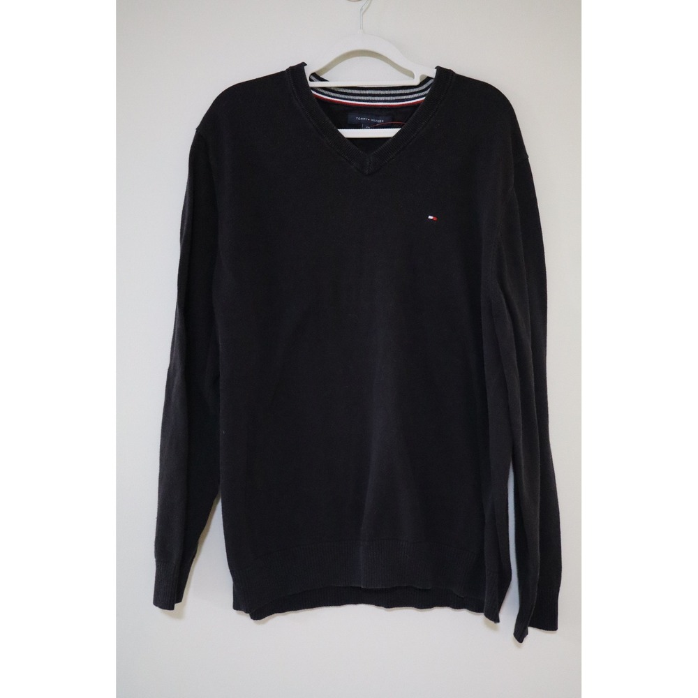 Preppy Old Money Tommy Hilfiger V-Neck Sweater XXL Black Classic Knit